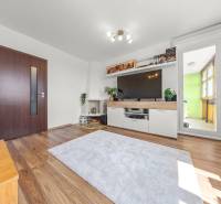 Living room in a 3-room apartment with a sofa, television, and access to the balcony.
