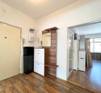 Entrance hall of a 2-room apartment with wooden flooring and storage spaces, bright room.