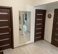 A hallway in a 3-room apartment with wooden doors and a mirror on the wall.