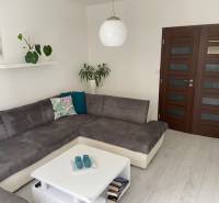 Living room with a corner sofa, coffee table, and plants in a three-room apartment.