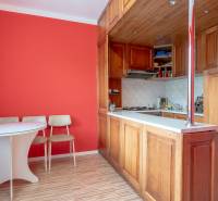 A kitchen in a studio apartment with wooden cabinets and a red wall.