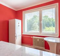Red kitchen in a studio apartment with a window and seating at the table.