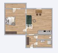 Floor plan of a one-room apartment with furnishings and furniture layout.