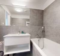 Bathroom in a 2-room apartment with a white sink and bathtub, gray tiles.