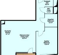 Floor plan of a 2-room apartment with a living room, kitchen, bedroom, and balcony.