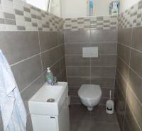 A toilet in a family house with a sink and dark tile cladding.