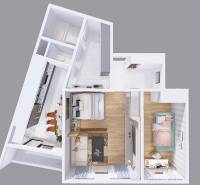 Floor plan of a 2-bedroom apartment with a living room, two bedrooms, and a kitchen.