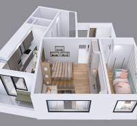 3D floor plan of a 2-room apartment showing the layout of the rooms.