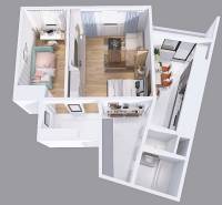Floor plan of a 2-room apartment with a bathroom, bedroom, and living room.