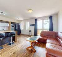 Living room in a 4-room apartment with a leather sofa, bar counter, and wooden floor.