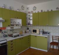 A kitchen in a family house with retro ceramic decorations and green cabinets.