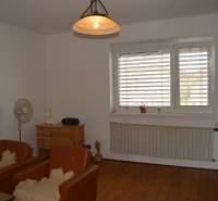 A room in a family house with a wooden floor, armchairs, and a large window.