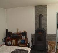 A fireplace in a family house with shelves, a bed, and a supply of wood for heating.