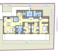 Floor plan of a family house with a three-room layout, kitchen, bathroom, and parking space.