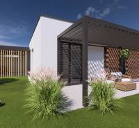 Family house in Gaboltov, terrace with pergola, modern wooden elements and lawn.