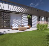 A family house in Gaboltov with a garden seating area and a modern pergola on the terrace.
