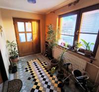 Entrance hall with tiles, plants, a stroller, and light in a family house.