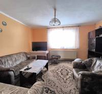 Living room in a family house with orange walls, sofas, and a carpet.