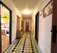 A hallway with colorful tiles, surrounded by rooms in a family house.