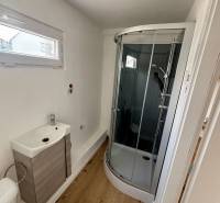 Bathroom in a cabin with a wooden floor, shower corner, and a small sink.
