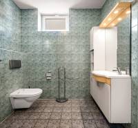 A bathroom in a villa with a sink, mirror, toilet, and green tiles.