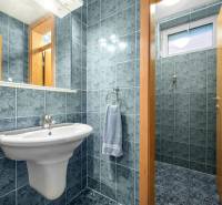 A bathroom in a villa with a sink and a mirror, with blue tiles.