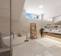 A bathroom in a family house with a separate bathtub, shower, and two sinks.