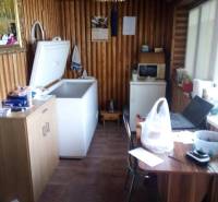A kitchen in a family house with wooden walls, a freezer, a microwave, a table, and a shelf.