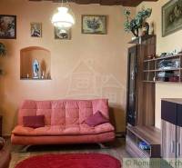 A living room in a family house with an orange wall, a red sofa, and wooden furniture.