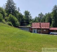 A cottage in Myjava surrounded by forest and grassy slope.