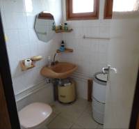 Bathroom in a family house with a simple sink, toilet, and mirror.