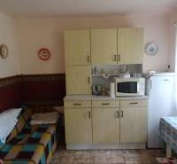 The interior of a family house with a kitchen unit, microwave, sofa, and decorative plates on the walls.