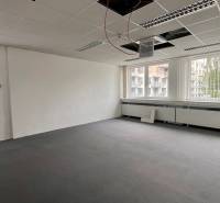 Empty office with a large window and ceiling panels.