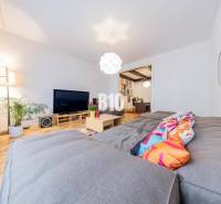 Living room in a two-room apartment with a comfortable sofa, television, and plants.