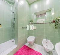 Bathroom in a 2-room apartment with green tiles, a shower, and a pink rug.