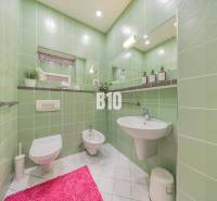 Green bathroom in a 2-room apartment with sanitary ware and a pink rug.