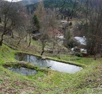 A pond surrounded by trees in the gardens of the Banská Bystrica countryside.