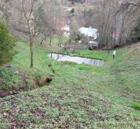 A peaceful view of gardens in Banská Bystrica with trees and a pond.