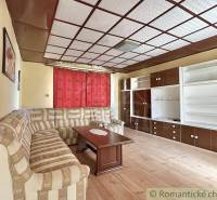 Living room in a family house with a sofa, wooden table, and wall unit.