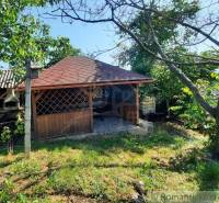 A wooden gazebo near the cottage in Malé Kozmálovce is surrounded by green trees and lawn.