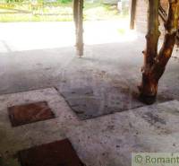 The interior of the cabin with a wooden post and concrete floor, light streaming in from outside.