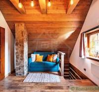 A wooden interior of a cabin with a blue sofa, stone wall, and wood paneling.
