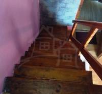 Wooden stairs leading down in a cabin with pink walls and textured wall cladding.