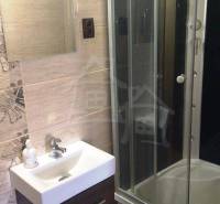 A bathroom in a family house with a sink, a shower, and tiles.