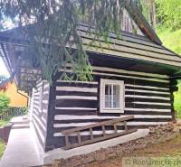 A wooden family house in the forest near Ružomberok, surrounded by greenery and with a shingle roof.