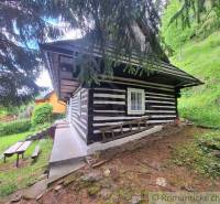 A wooden family house in Ružomberok surrounded by greenery, with a bench and a table in the garden.