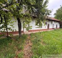 A cottage in Nové Zámky surrounded by greenery and trees, with a white facade and a red roof.