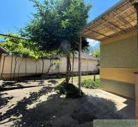 The courtyard of a family house in Dvorníky with a view of the vegetation and buildings.