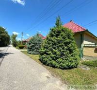 A peaceful street in Dvorníky with a family house and a garden, blue sky.