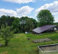 A garden with a low cottage, trees, and a blooming area in Veľký Krtíš.
